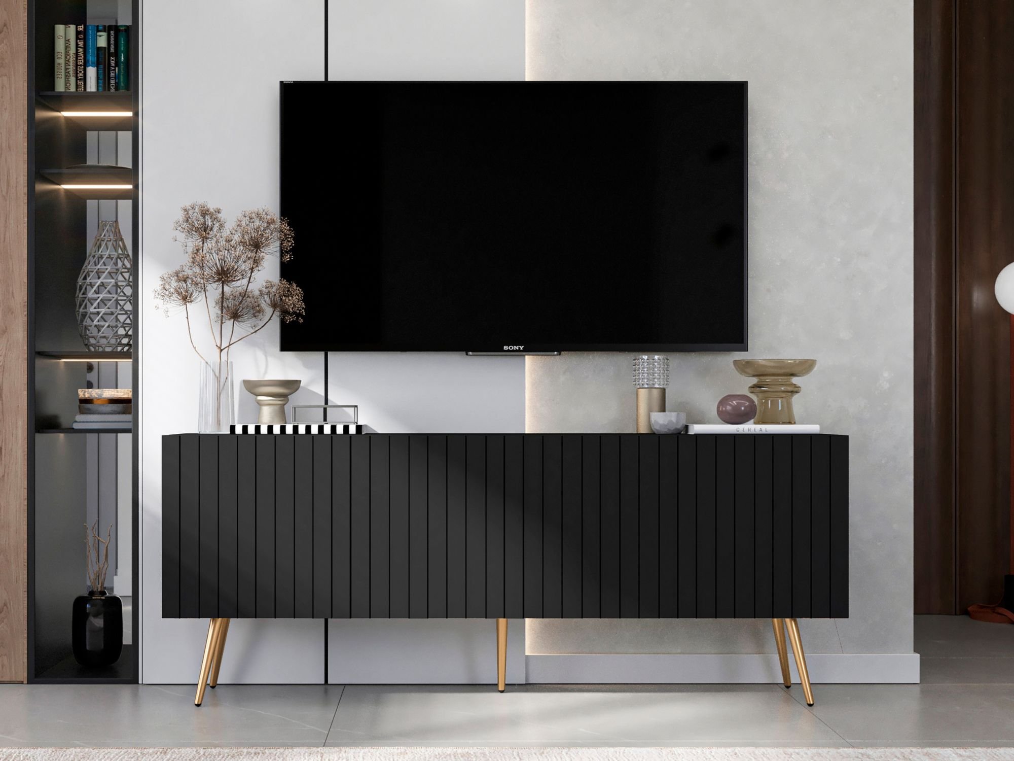 Stojąca szafka RTV Glamour ELPIS Czarny Mat 150 cm na złotych nóżkach