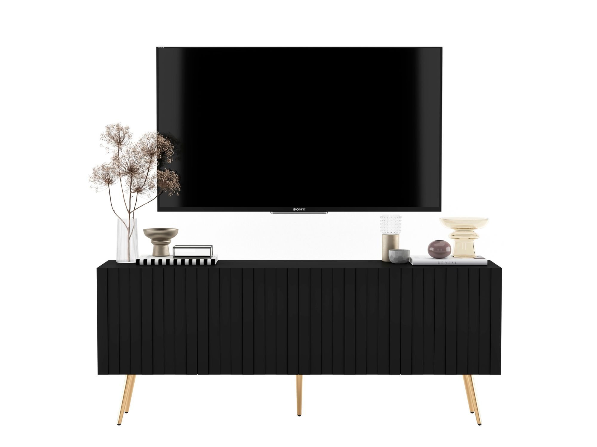 Stojąca szafka RTV Glamour ELPIS Czarny Mat 150 cm na złotych nóżkach