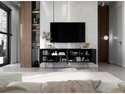 Stojąca szafka RTV Glamour ELPIS Czarny Mat 150 cm na złotych nóżkach