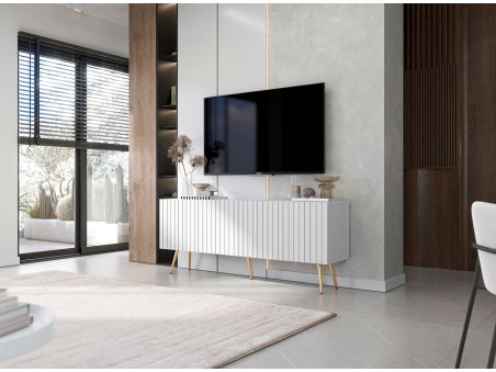 Stojąca szafka RTV Glamour ELPIS Biały Mat 150 cm na złotych nóżkach3