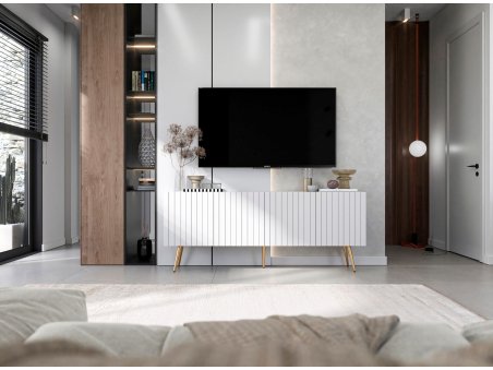 Stojąca szafka RTV Glamour ELPIS Biały Mat 150 cm na złotych nóżkach2