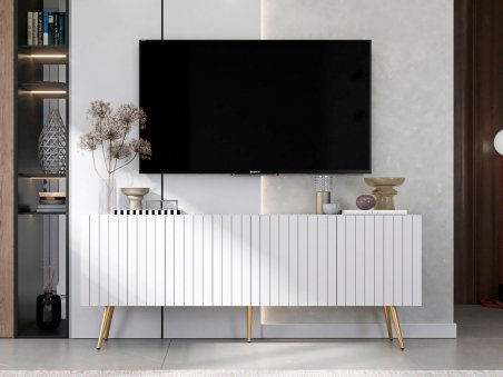 Stojąca szafka RTV Glamour ELPIS Biały Mat 150 cm na złotych nóżkach1