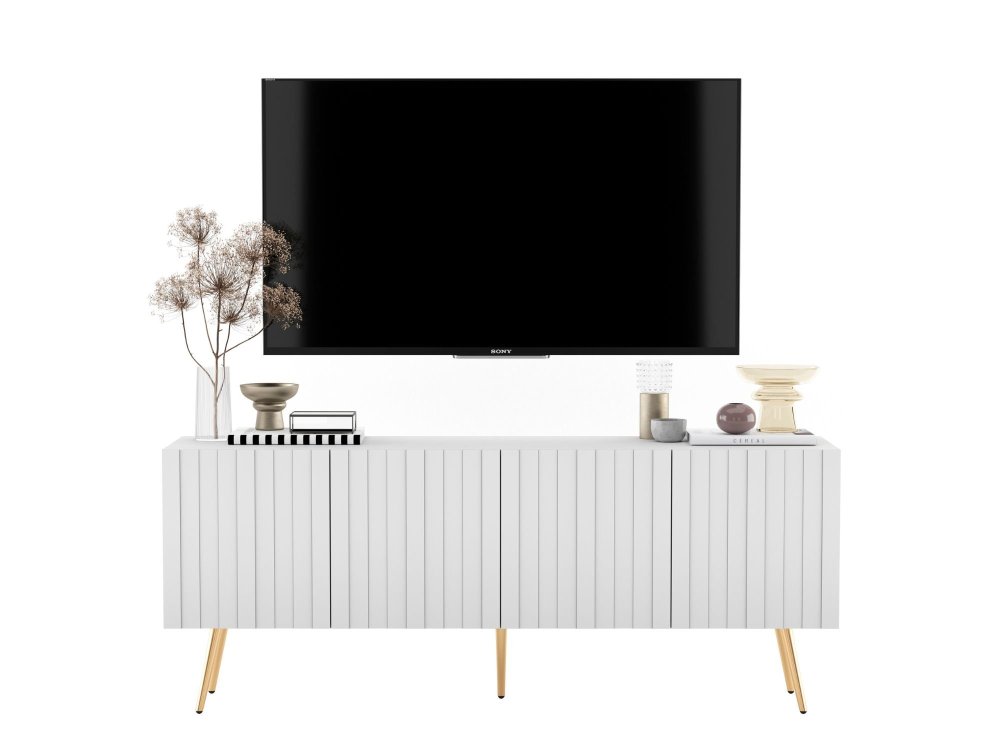 Stojąca szafka RTV Glamour ELPIS Biały Mat 150 cm na złotych nóżkach