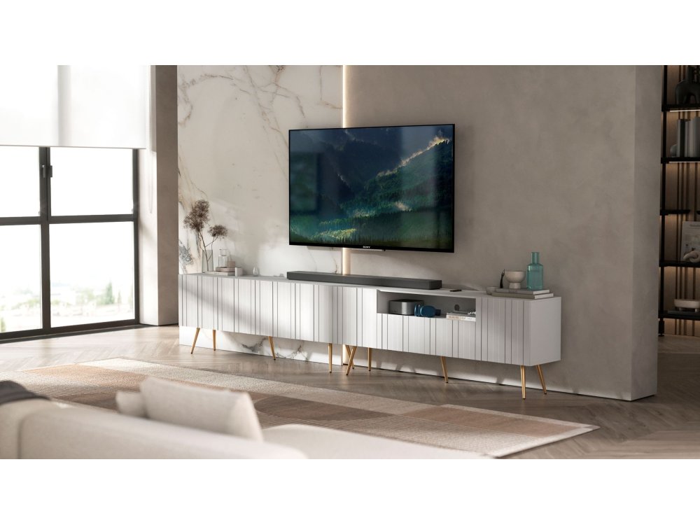 Stojąca szafka RTV Glamour ELPIS Biały Mat 150 cm na złotych nóżkach