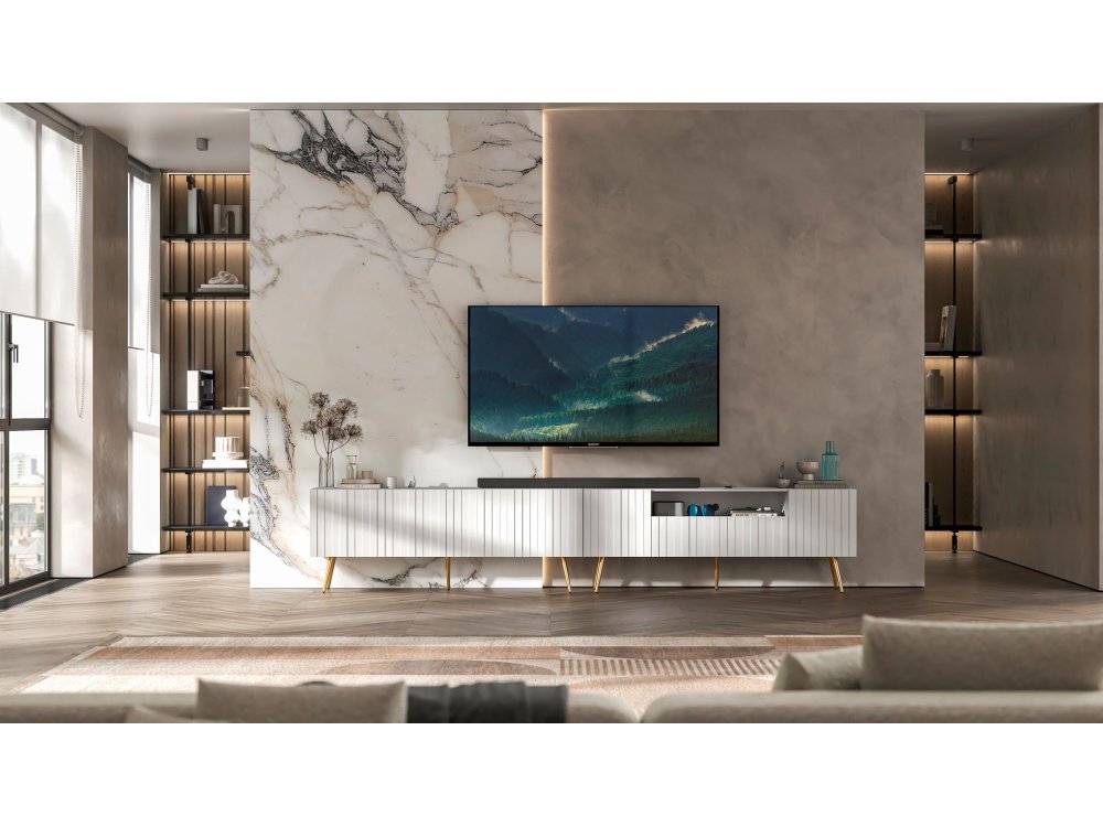 Stojąca szafka RTV Glamour ELPIS Biały Mat 150 cm na złotych nóżkach