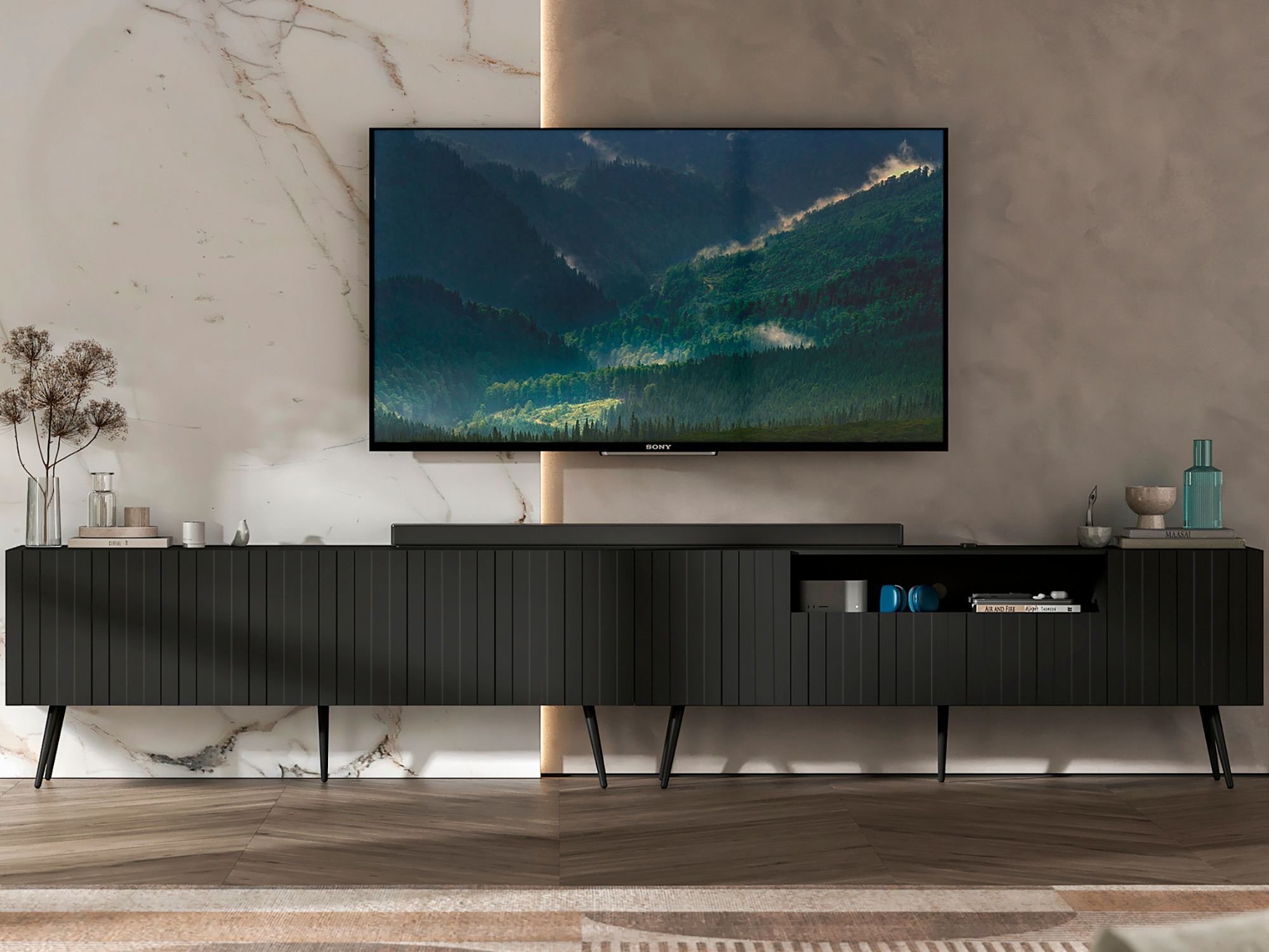 Stojąca Szafka RTV Glamour ELPIS Czarny Mat 300 cm na Czarnych Nóżkach, Dobra Cena, Sklep Online | Meble Lindner