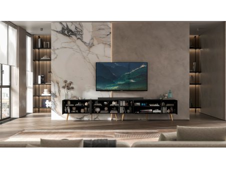 Stojąca Szafka RTV Glamour ELPIS Czarny Mat 300 cm na Złotych Nóżkach, Dobra Cena, Sklep Online | Meble Lindner