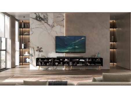 Stojąca Szafka RTV Glamour ELPIS Czarny Mat 300 cm na Złotych Nóżkach, Dobra Cena, Sklep Online | Meble Lindner