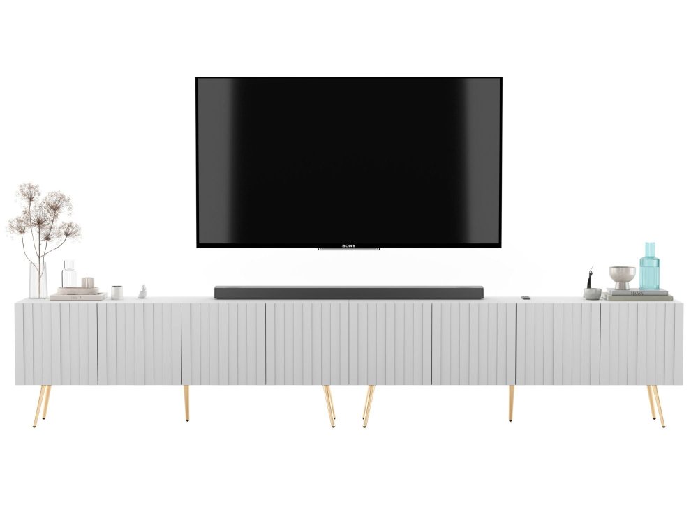 Stojąca Szafka RTV Glamour ELPIS Biały Mat 300 cm na Złotych Nóżkach, Dobra Cena, Sklep Online | Meble Lindner
