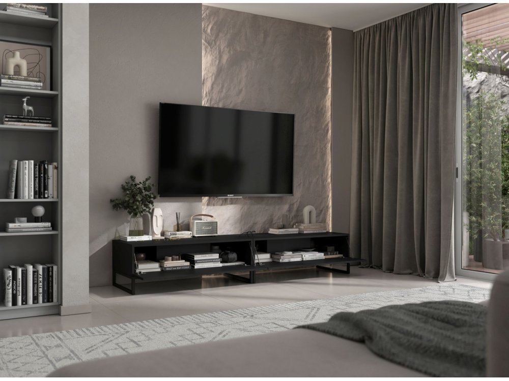 Szafka RTV Glamour, Ryflowane fronty Czarny Mat 220 cm, Dobra Cena, Sklep Online