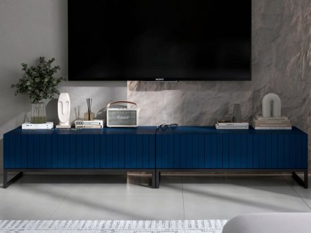 Stojąca szafka RTV Glamour ELPIS Granatowy Mat 220 cm na czarnej ramie1