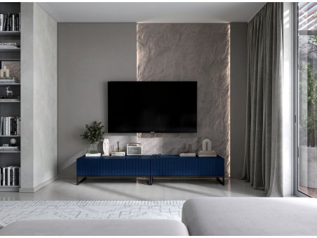 Stojąca szafka RTV Glamour ELPIS Granatowy Mat 220 cm na czarnej ramie2