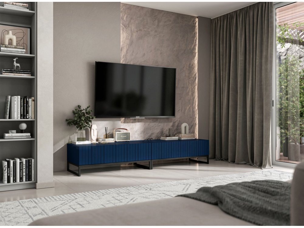 Stojąca szafka RTV Glamour ELPIS Granatowy Mat 220 cm na czarnej ramie