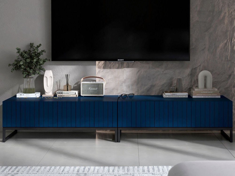 Stojąca szafka RTV Glamour ELPIS Granatowy Mat 220 cm na czarnej ramie