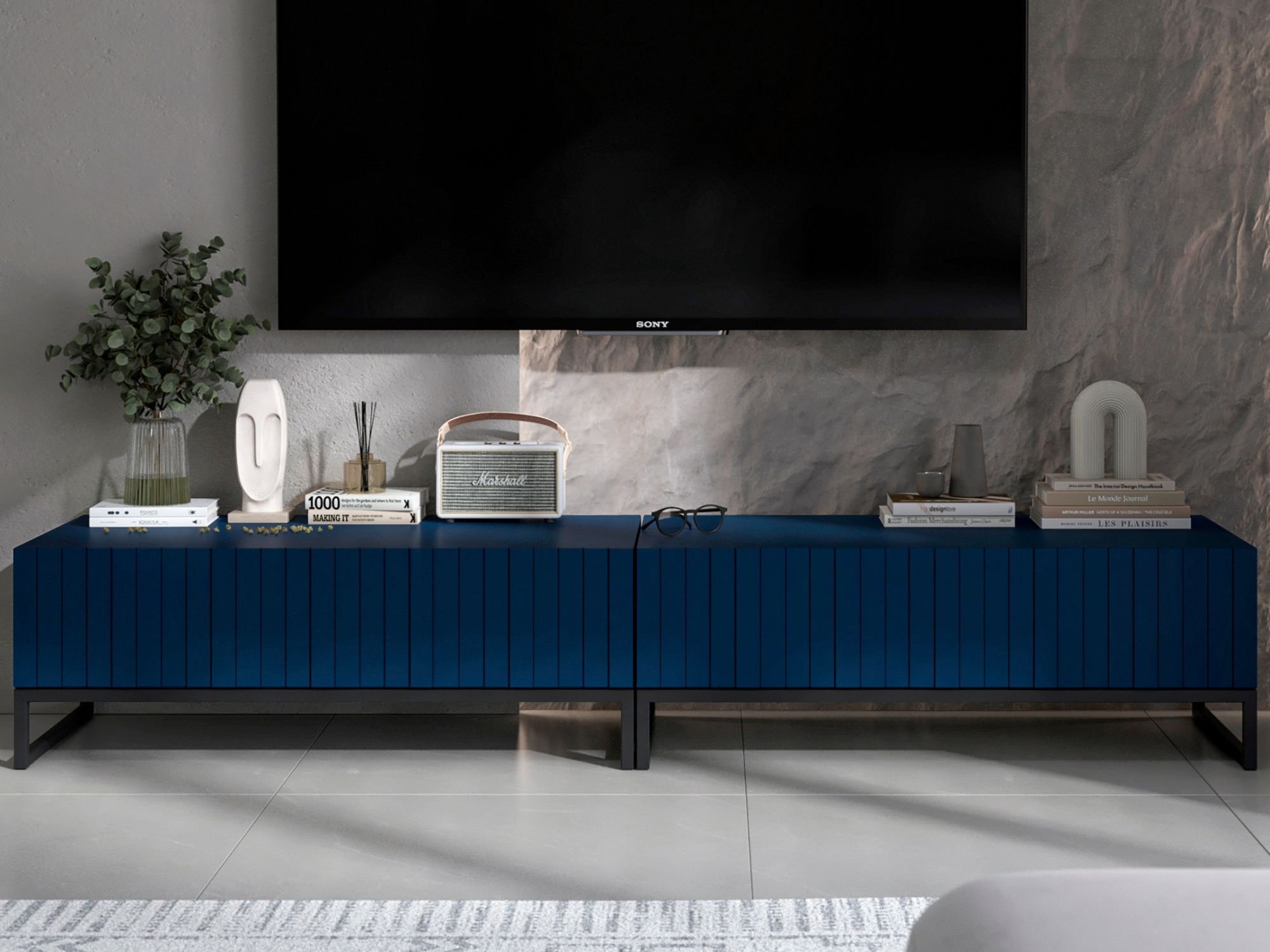 Stojąca szafka RTV Glamour ELPIS Granatowy Mat 220 cm na czarnej ramie