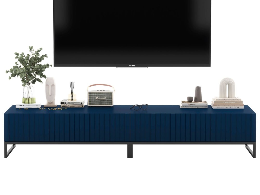 Stojąca szafka RTV Glamour ELPIS Granatowy Mat 220 cm na czarnej ramie