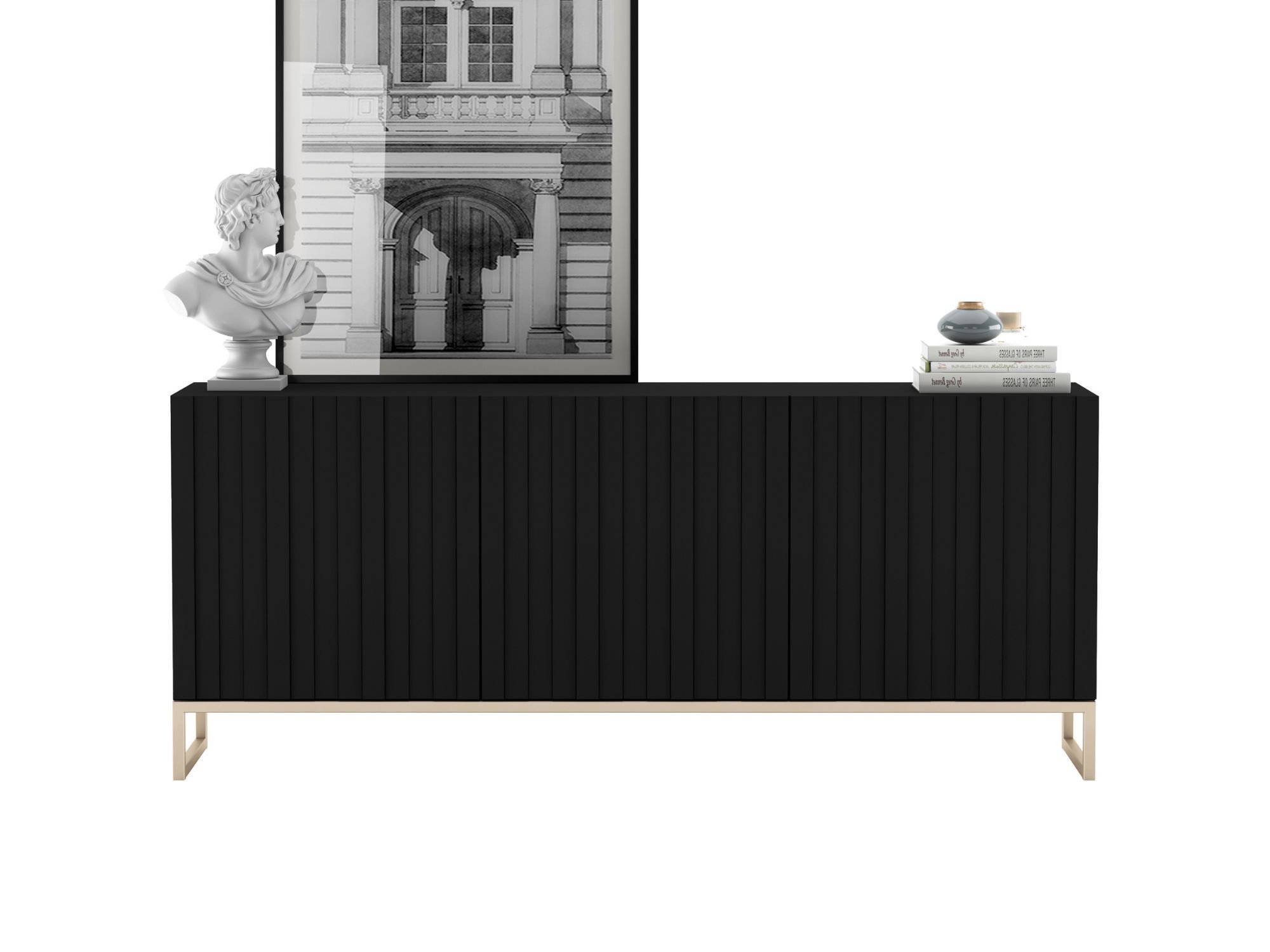 Stojąca komoda Glamour ELPIS Czarny Mat 168 cm na złotej ramie