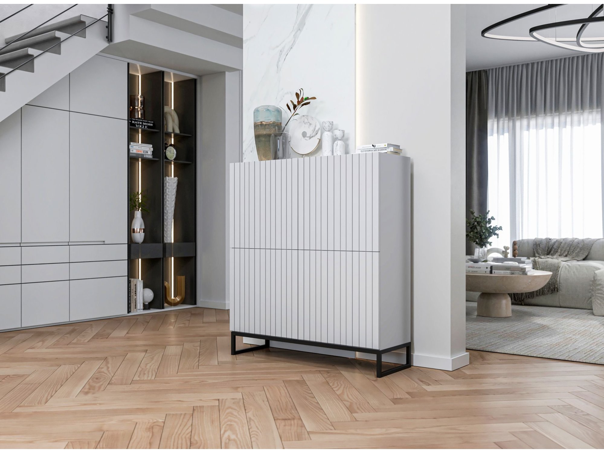 Stojąca komoda Glamour ELPIS Biały Mat 112 cm na czarnej ramie