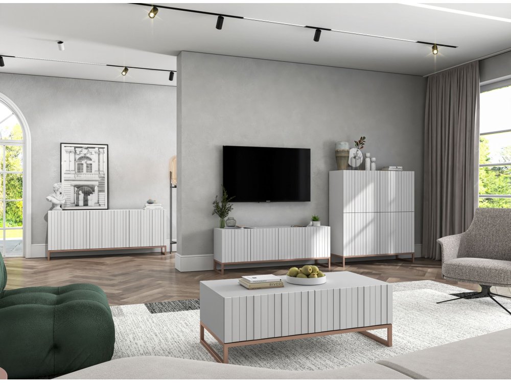 Stojąca komoda Glamour ELPIS Biały Mat 112 cm na miedzianej ramie