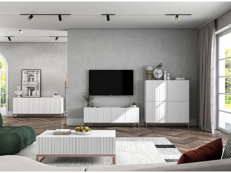 Stojąca komoda Glamour ELPIS Biały Mat 112 cm na miedzianej ramie