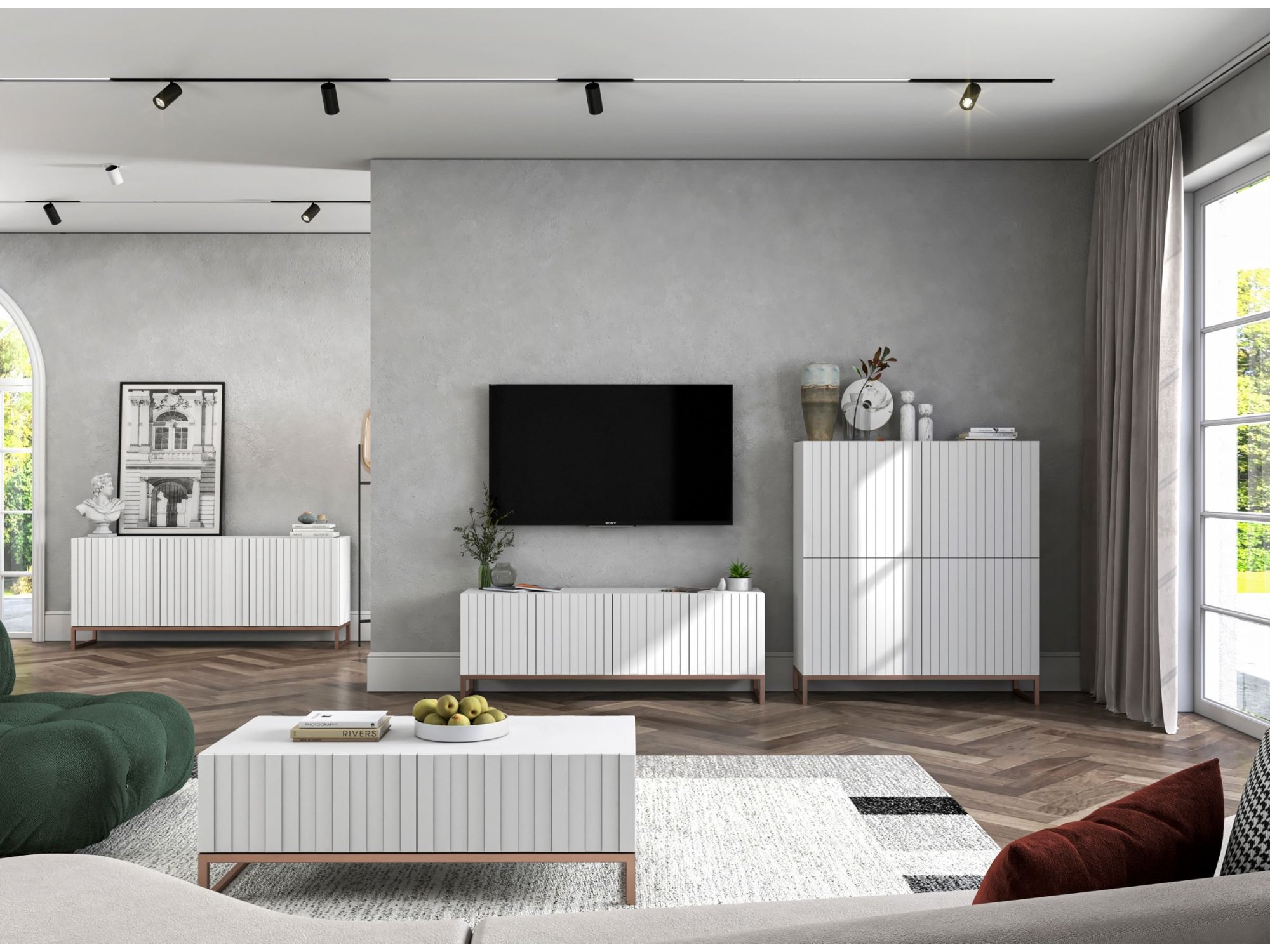 Stojąca komoda Glamour ELPIS Biały Mat 112 cm na miedzianej ramie