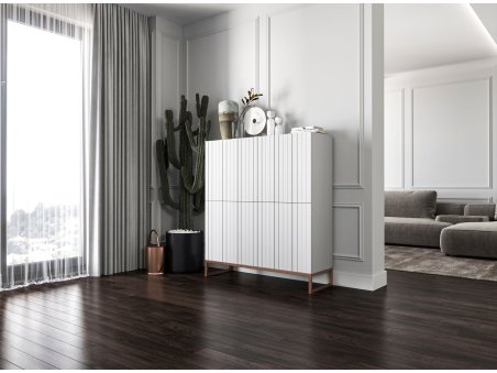 Stojąca komoda Glamour ELPIS Biały Mat 112 cm na miedzianej ramie3