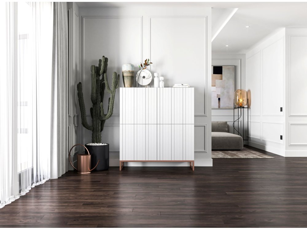 Stojąca komoda Glamour ELPIS Biały Mat 112 cm na miedzianej ramie