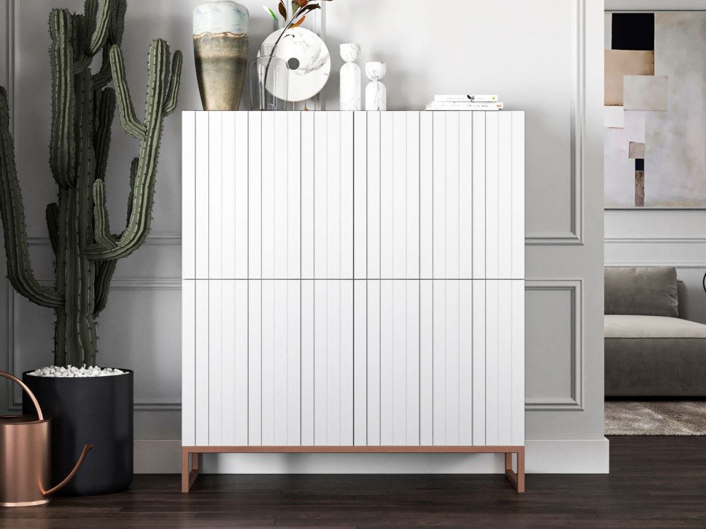 Stojąca komoda Glamour ELPIS Biały Mat 112 cm na miedzianej ramie