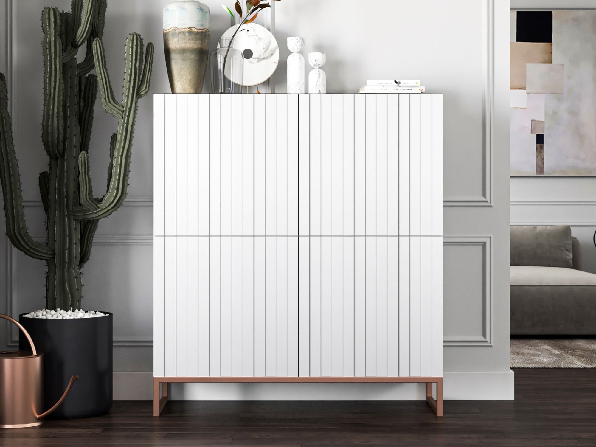 Stojąca komoda Glamour ELPIS Biały Mat 112 cm na miedzianej ramie