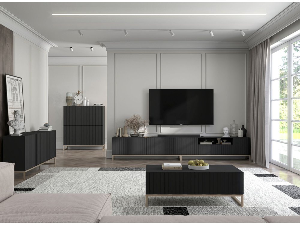 Stojąca komoda Glamour ELPIS Czarny Mat 112 cm na złotej ramie