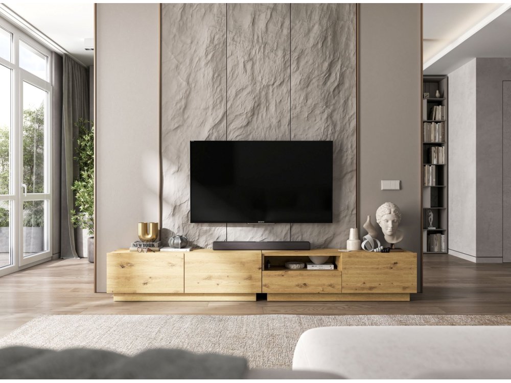 Szafka Stojąca RTV Loft Industrialna ENJOY Dąb Artisan Mat 240 cm na Cokole, Dobra Cena | Meble Lindner