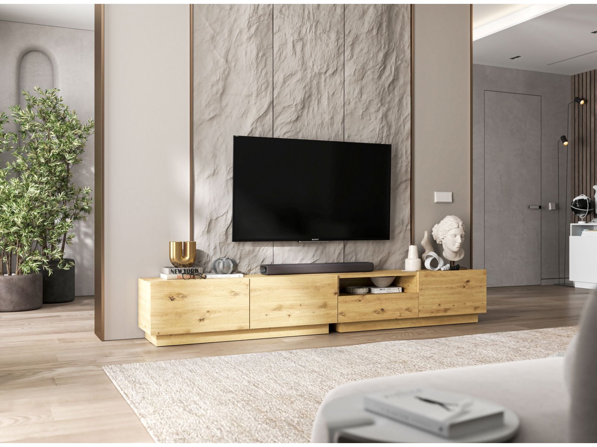 Szafka Stojąca RTV Loft Industrialna ENJOY Dąb Artisan Mat 240 cm na Cokole, Dobra Cena | Meble Lindner