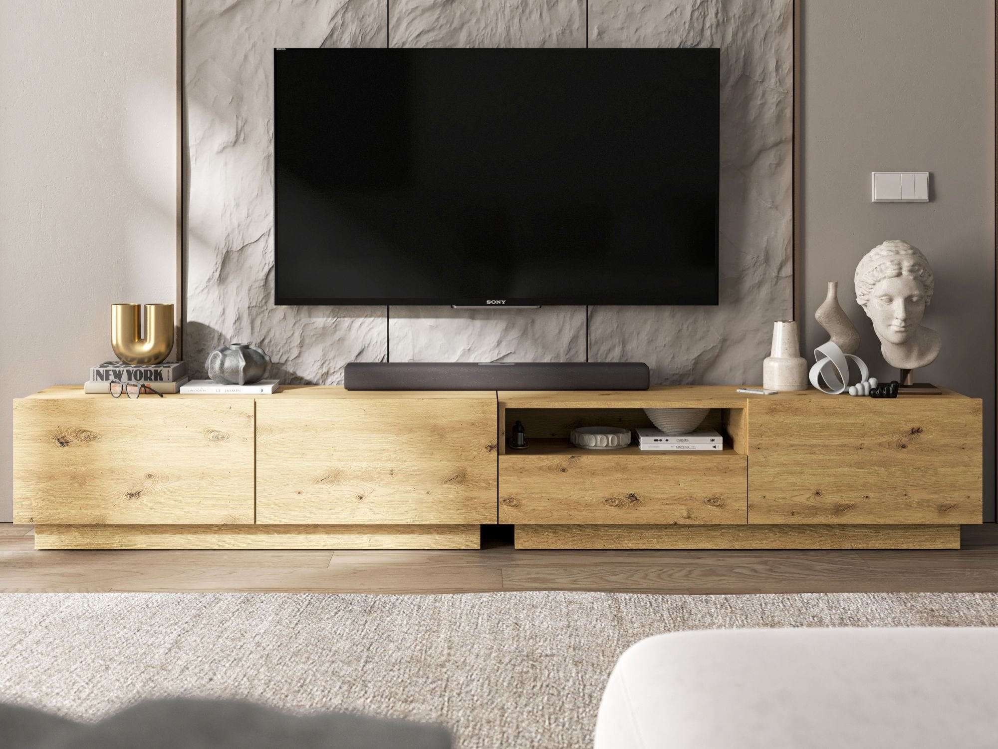 Szafka Stojąca RTV Loft Industrialna ENJOY Dąb Artisan Mat 240 cm na Cokole, Dobra Cena | Meble Lindner