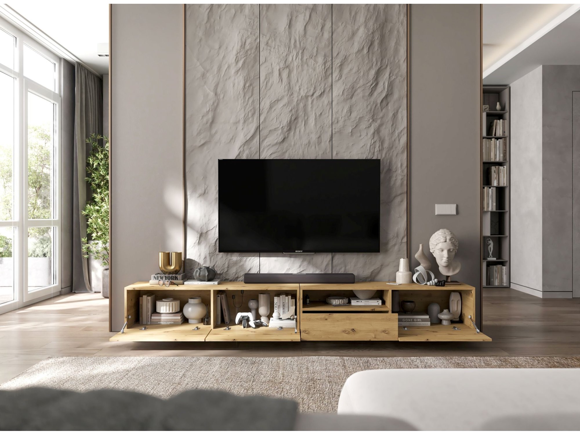 Szafka Stojąca RTV Loft Industrialna ENJOY Dąb Artisan Mat 240 cm na Cokole, Dobra Cena | Meble Lindner