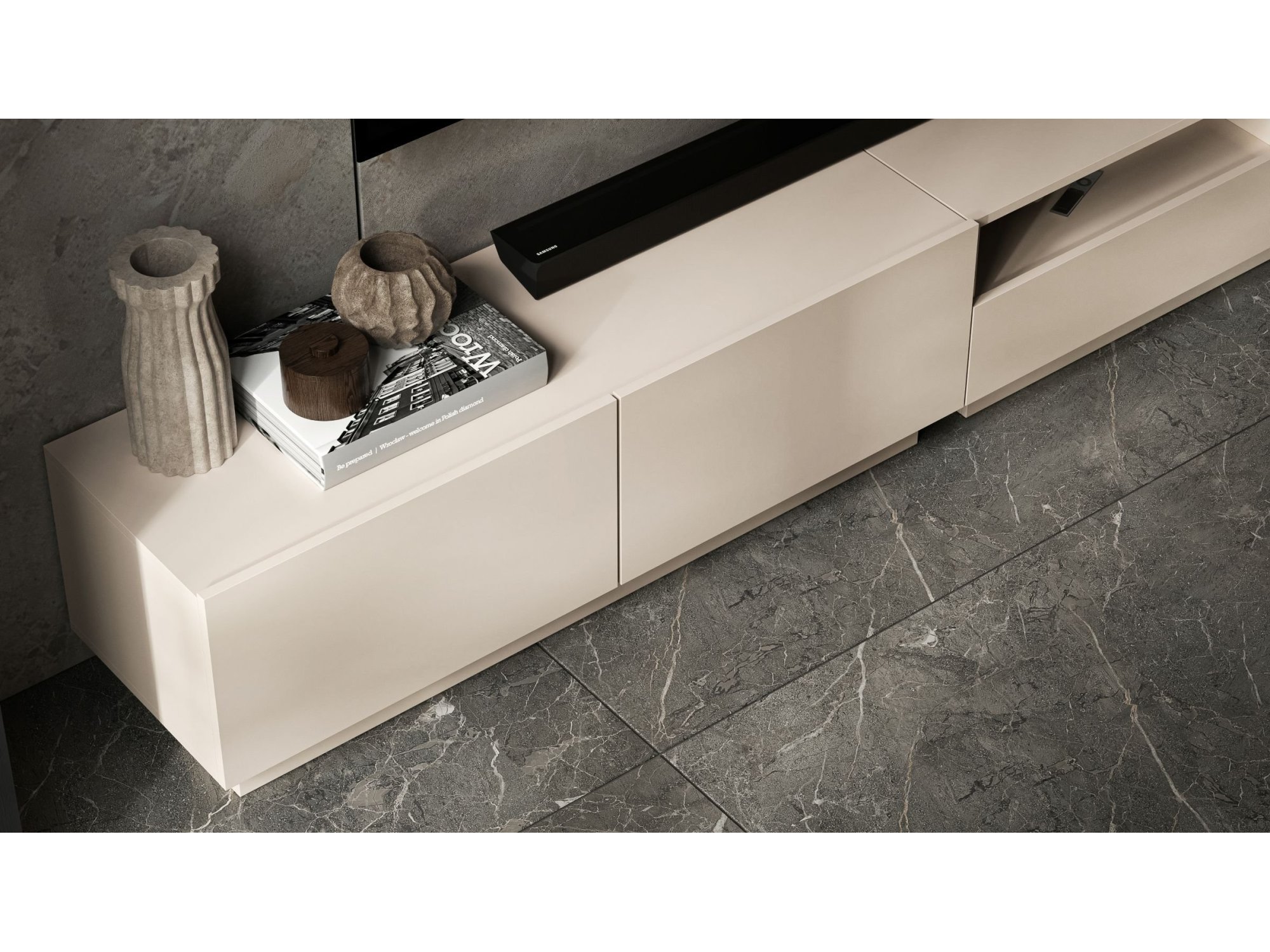 Stojąca szafka RTV Loft Industrialna ENJOY Kaszmir Mat 240 cm na cokole