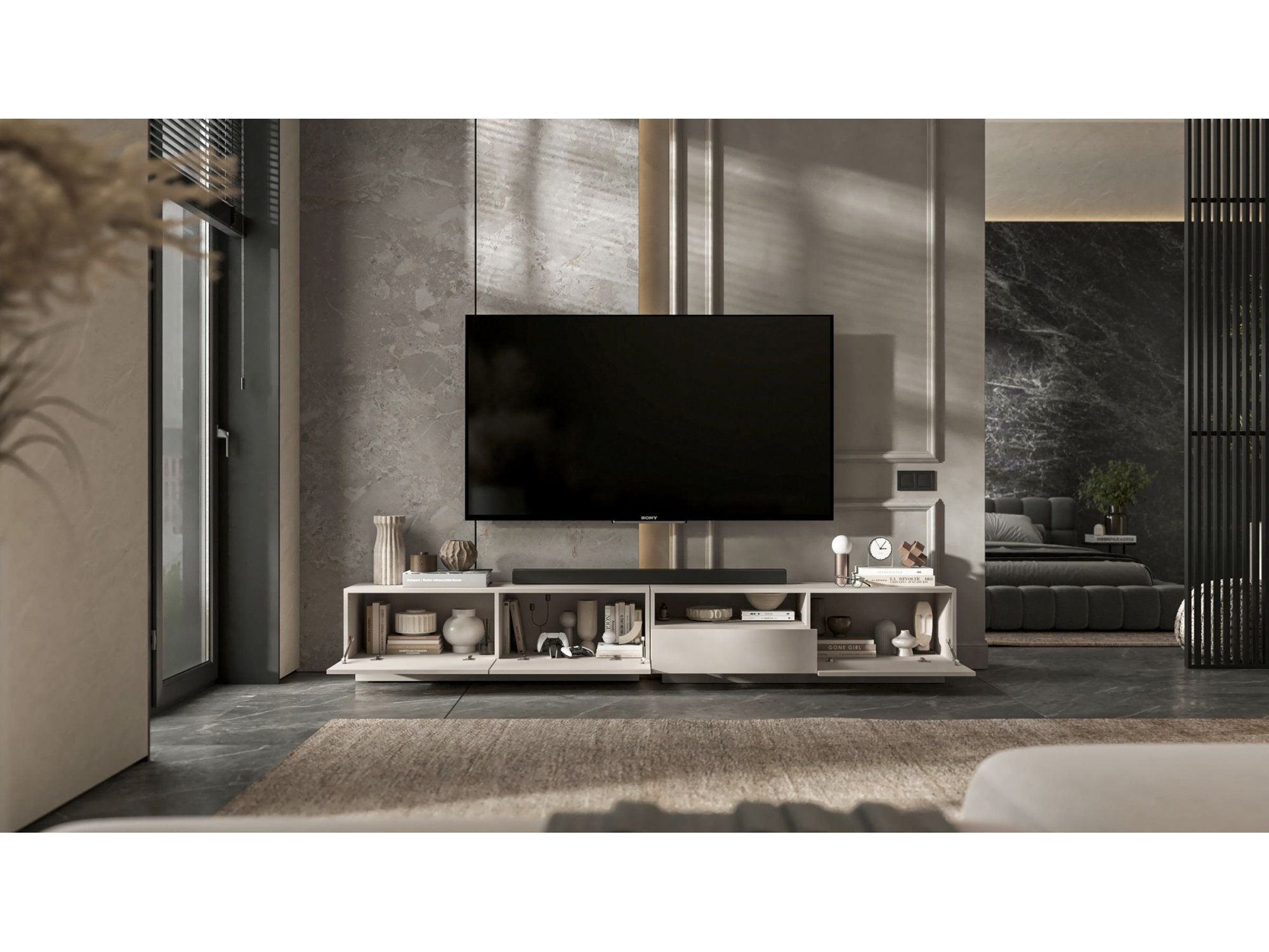 Stojąca szafka RTV Loft Industrialna ENJOY Kaszmir Mat 240 cm na cokole