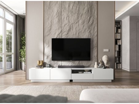 Szafka RTV ENJOY Biała, Loft, 240 cm, Zestaw z Szufladą Stojąca/Wisząca 2 x 120 cm, Dobra Cena, Sklep Online | Meble Lindner2