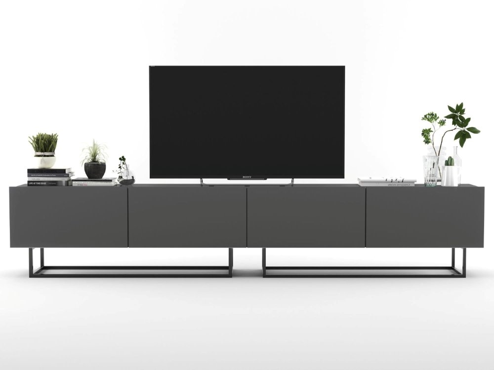 Stojąca szafka RTV Loft Industrialna ENJOY Grafit Mat 240 cm na czarnej ramie