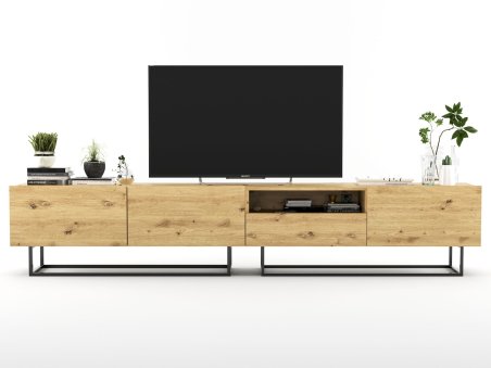 Stojąca szafka RTV Loft Industrialna ENJOY Dąb artisan Mat 240 cm na czarnej ramie