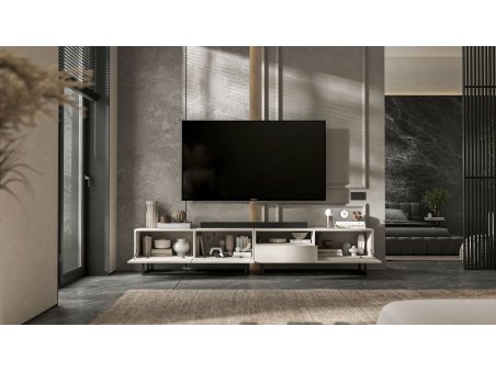 Stojąca szafka RTV Loft Industrialna ENJOY Kaszmir Mat 240 cm na czarnej ramie