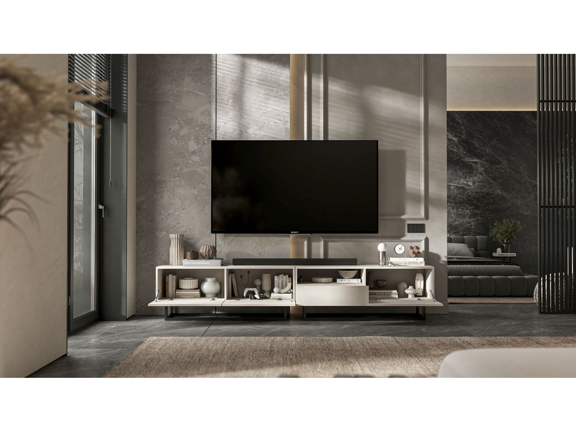 Stojąca szafka RTV Loft Industrialna ENJOY Kaszmir Mat 240 cm na czarnej ramie