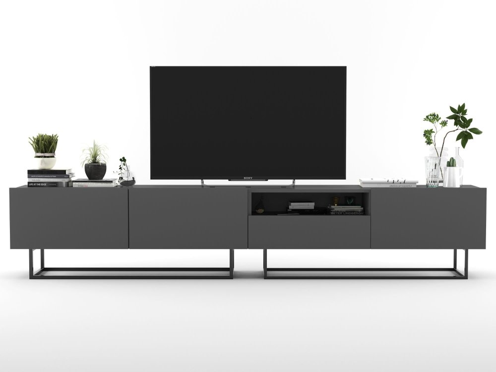 Stojąca szafka RTV Loft Industrialna ENJOY Grafit Mat 240 cm na czarnej ramie