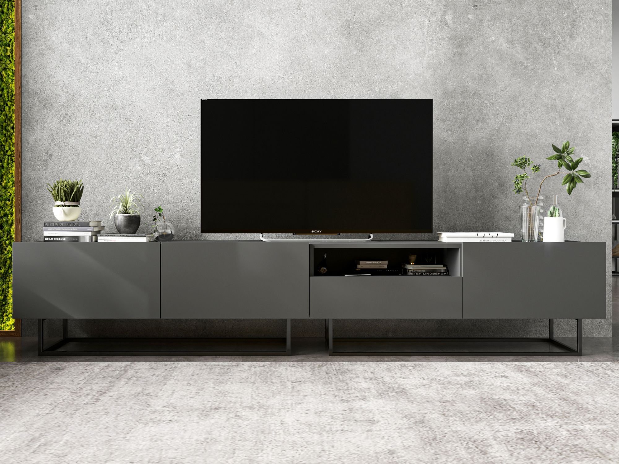 Stojąca szafka RTV Loft Industrialna ENJOY Grafit Mat 240 cm na czarnej ramie