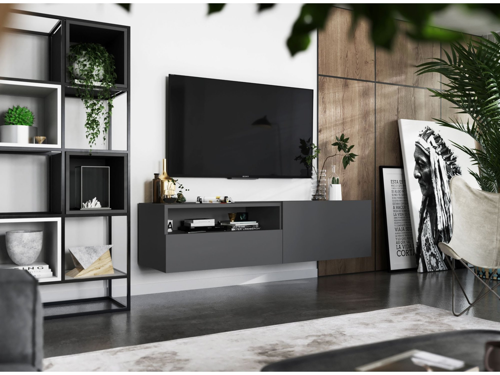 Wisząca Szafka RTV ENJOY Loft Industrialna szuflada 120 cm kolor grafit MAT