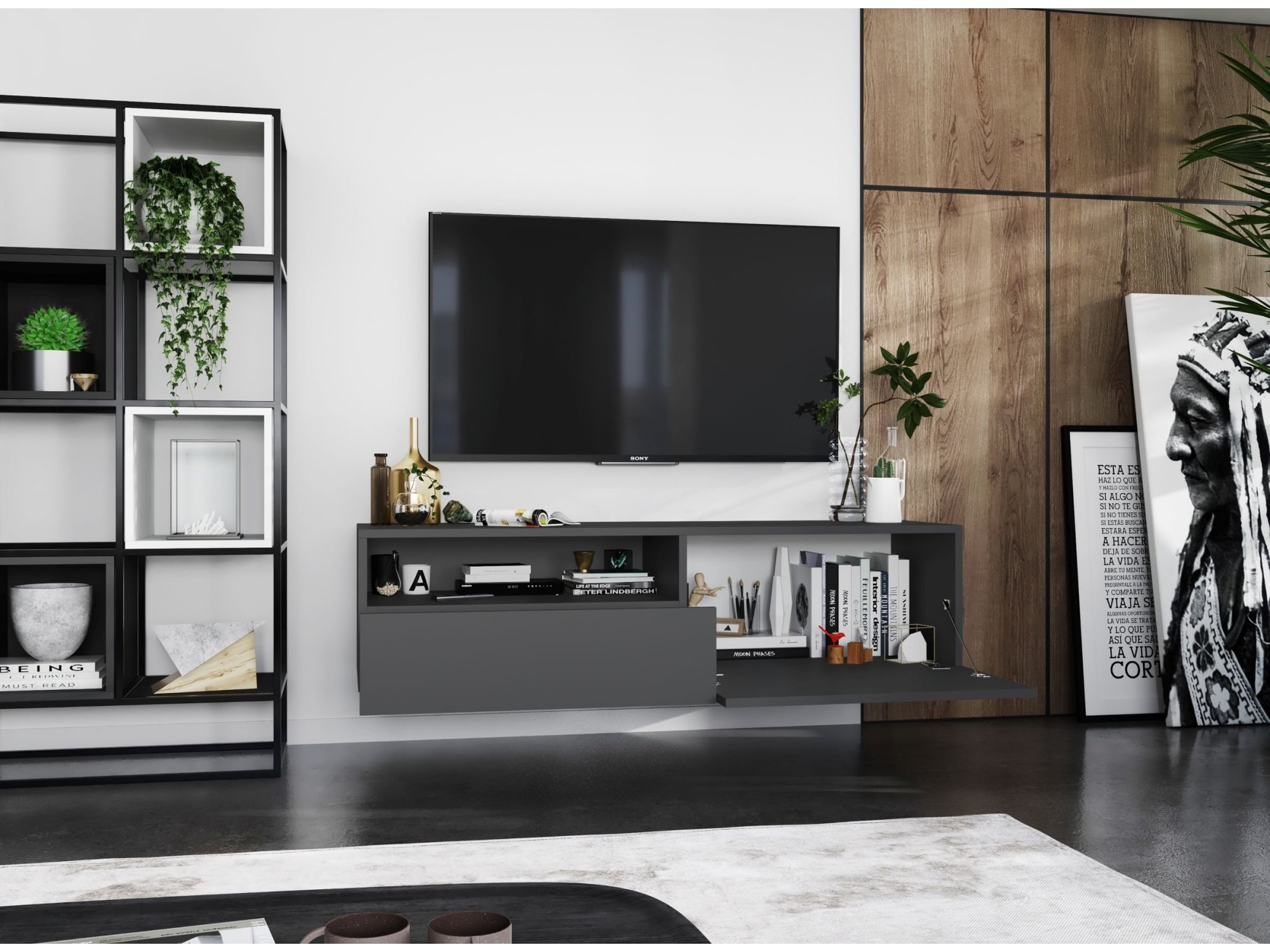 Wisząca Szafka RTV ENJOY Loft Industrialna szuflada 120 cm kolor grafit MAT