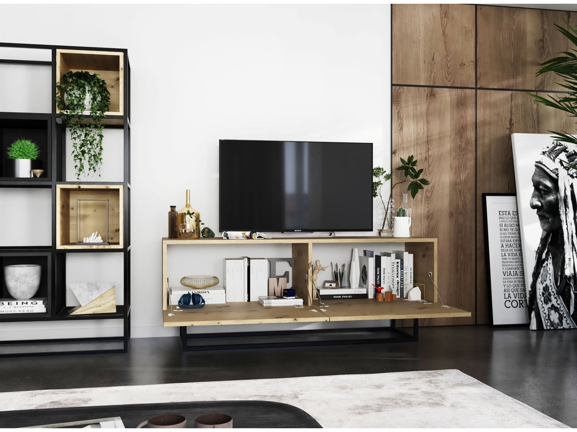 Szafka RTV ENJOY Loft Industrialna 120 cm, na Stelażu, kolor Dąb Artisan MAT, Dobra Cena | Meble Lindner