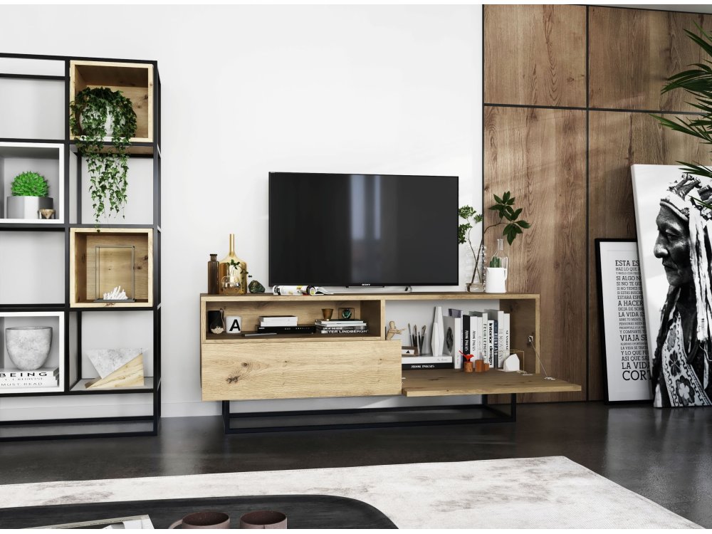 Szafka RTV ENJOY Loft Industrialna z Szufladą 120 cm, Stelaż, kolor Dąb Artisan, Dobra Cena | Meble Lindner