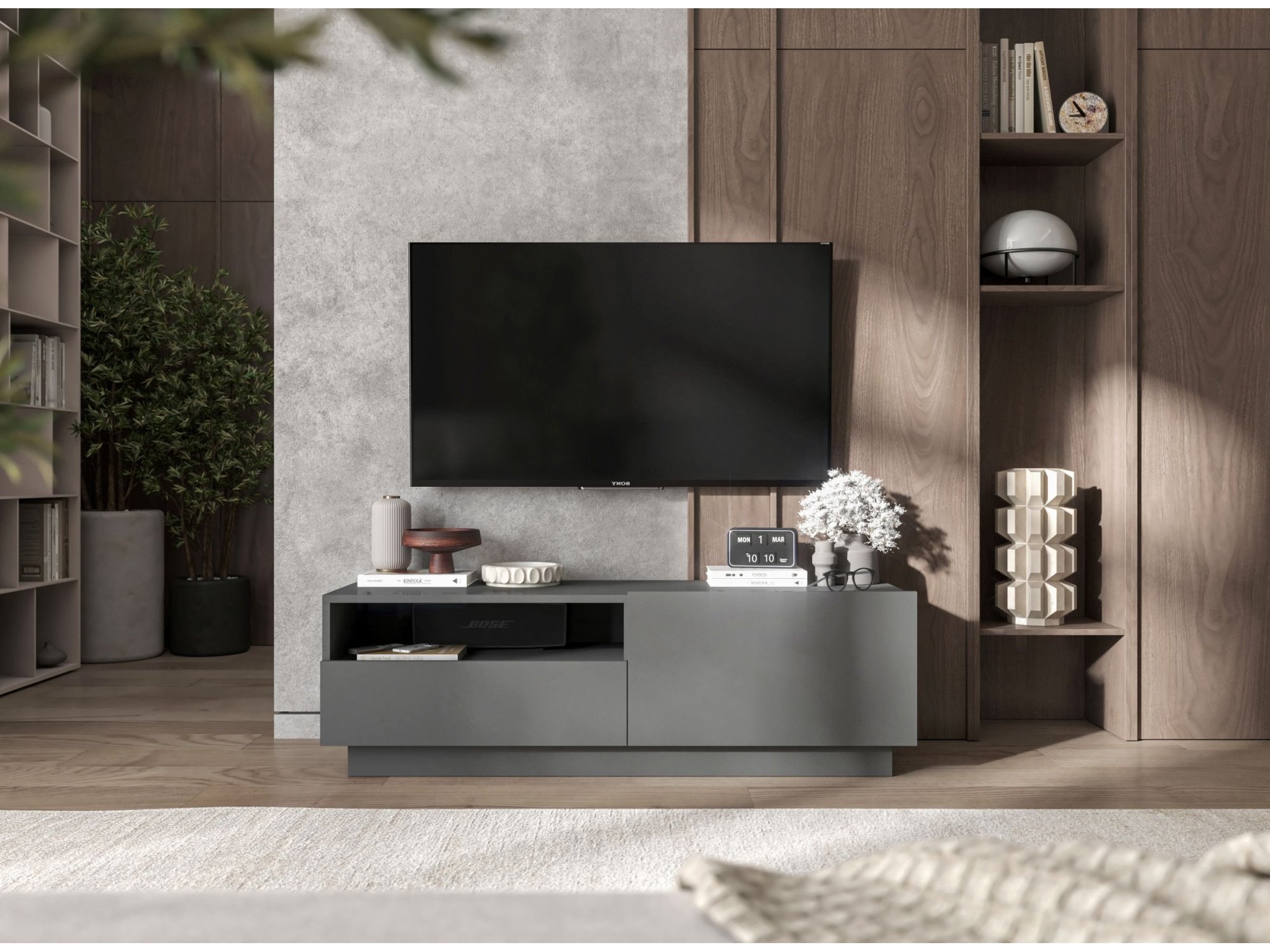 Stojąca szafka RTV Loft Industrialna ENJOY Grafit Mat 120 cm na cokole