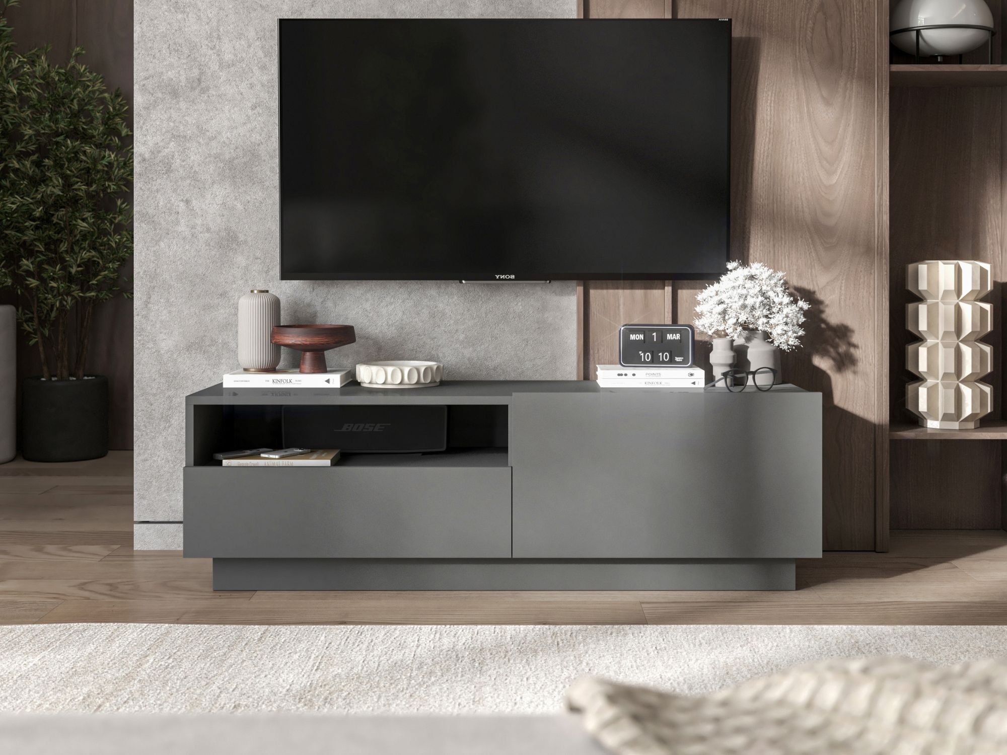 Stojąca szafka RTV Loft Industrialna ENJOY Grafit Mat 120 cm na cokole
