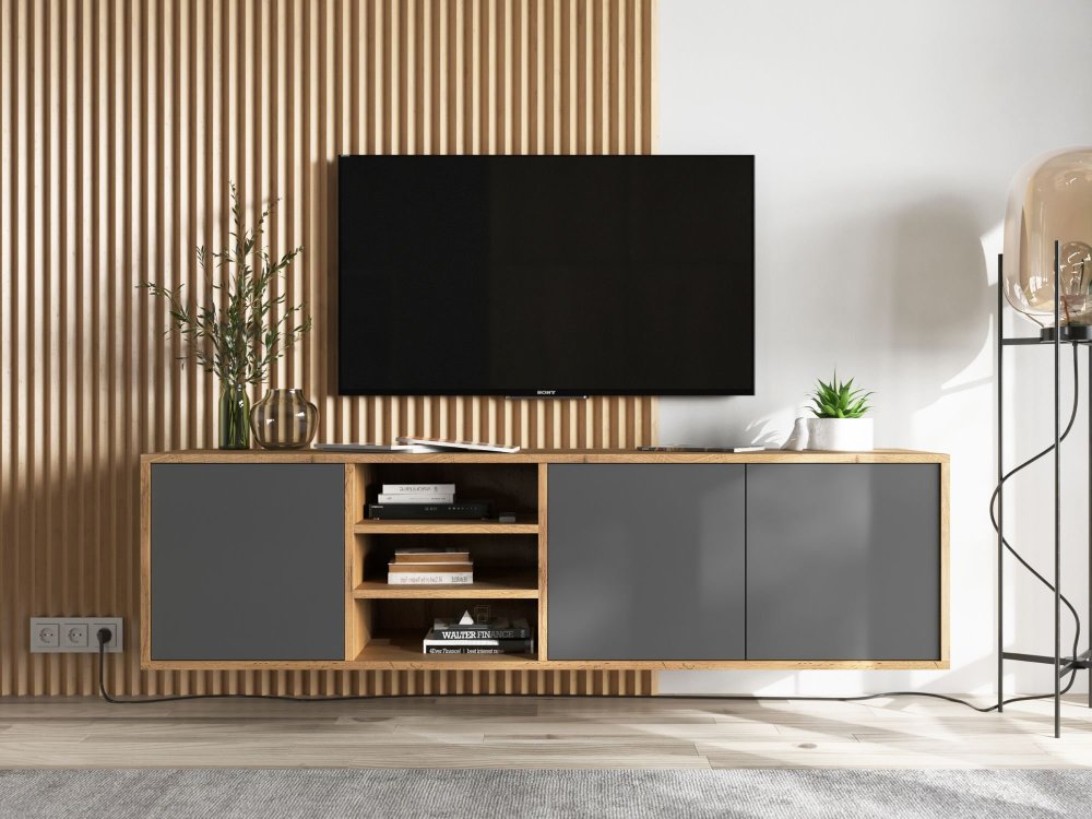 Wisząca szafka RTV APOLLO Loft 150 cm  Dąb wotan/grafit MAT